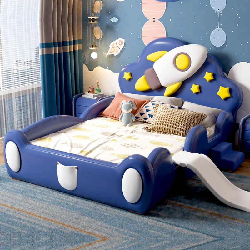 Boy rocket space cloud leather bed 1.5m solid wood guardrail cartoon teen lying