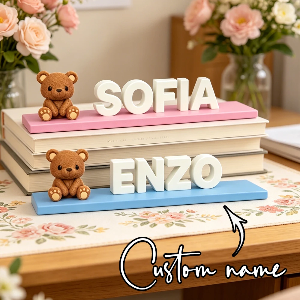 Custom Name Wooden Sign with Mini Bear Figurine Personalized Baby Name Tabletop Plaque Kids Nursery Room Decor Baptism Gift