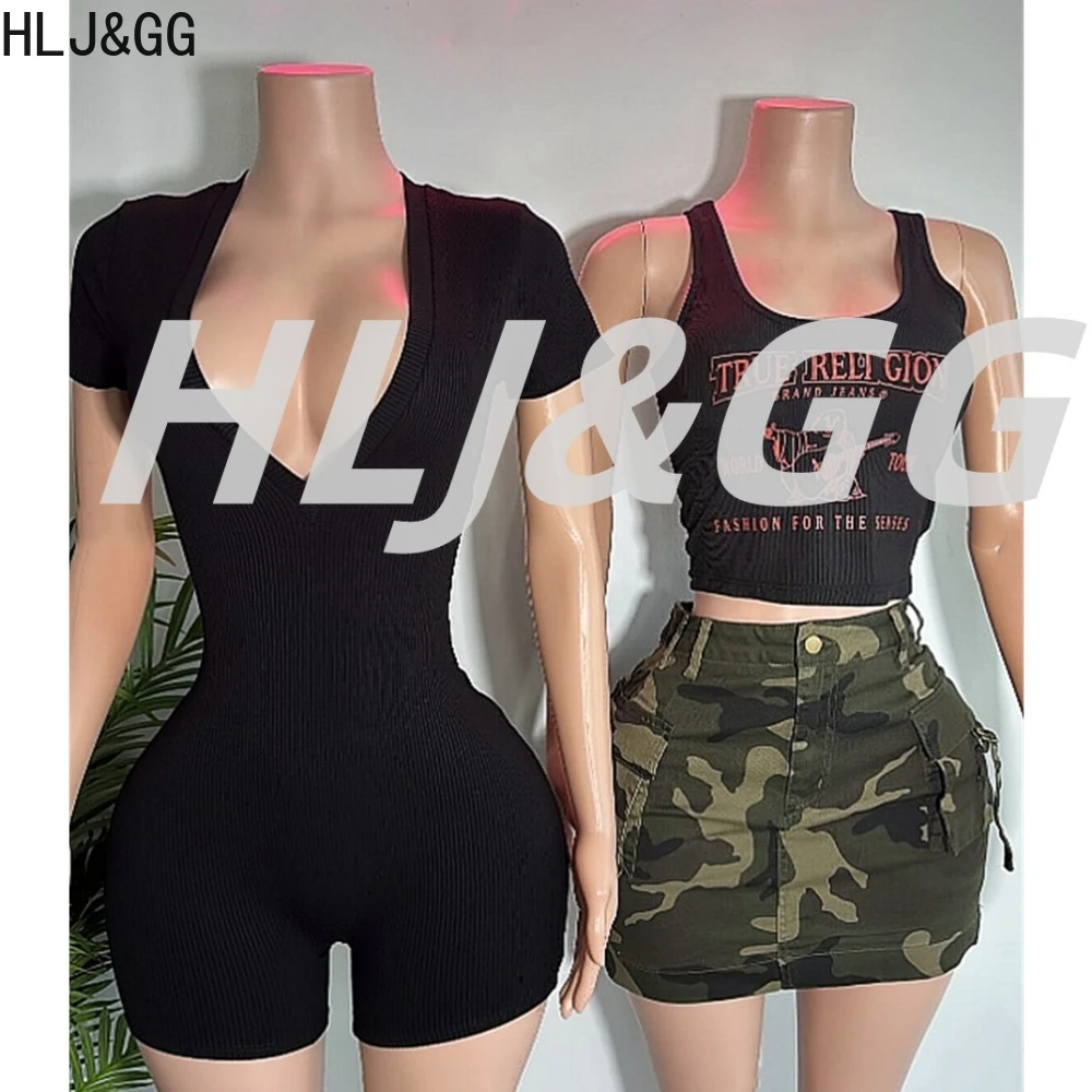 

HLJ&GG Sexy Ribber Solid Zip Bodycon One Piece Rompers Women Round Neck Short Sleeve Slim Jumpsuits Female Sporty Overalls 2025