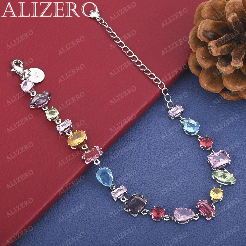 ALIZERO New 925 Sterling Silver Round/Square/Water Drop Multicolor Zirconia Tennis Bracelets For Women Fashion Party Jewelry