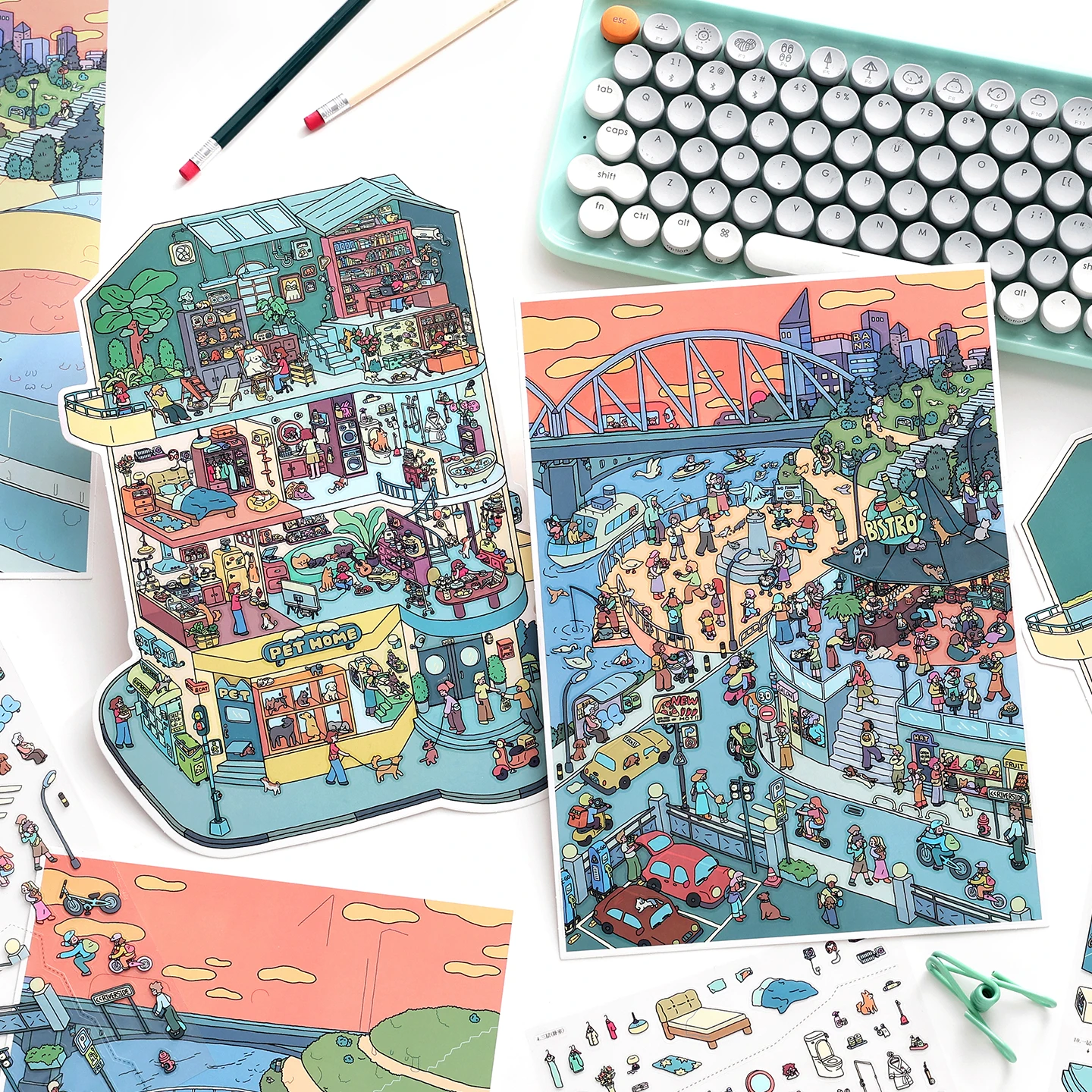 

TIANZI 4/8 Pcs Today's 51st Edition Series 2.5D Large Format Scene Building Sticker DIY Craft Stickers