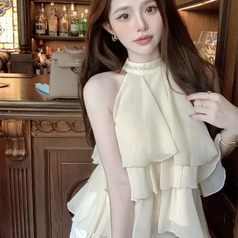 

Hanging Neck Cake Blouse Women Tierred Irregular Ruffle Voile Shirt Elegant Chiffon Sexy Top Female Sweet Thin Summer Clothes