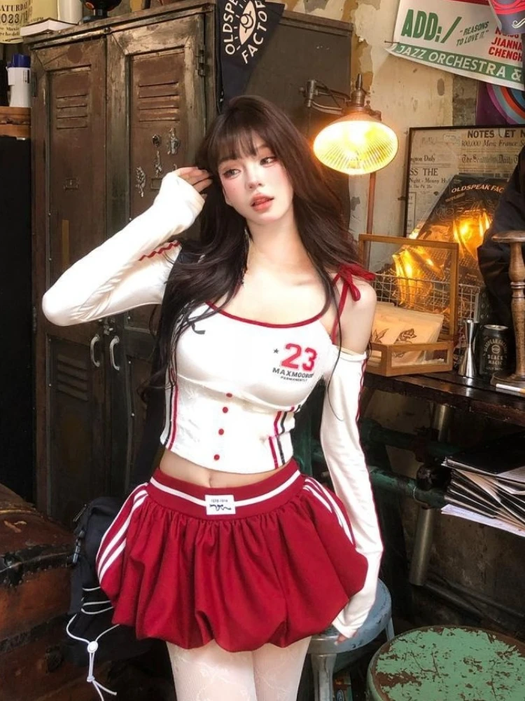 

Американский винтажный комплект из 2-х предметов в консервативном стиле Y2k Сексуальная укороченная блузка с длинными рукавами + повседневные тонкие мини-юбки Сладкие костюмы Шикарные