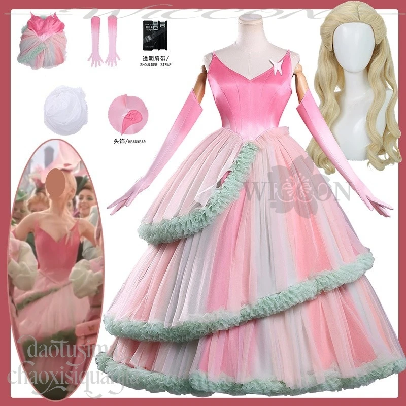 

Anime Wicked 2 Cosplay Glinda Costume Multi-layered Pink Gradient Evening Gown Sweet Kawaii Lolita Princess Dress Wigs Halloween