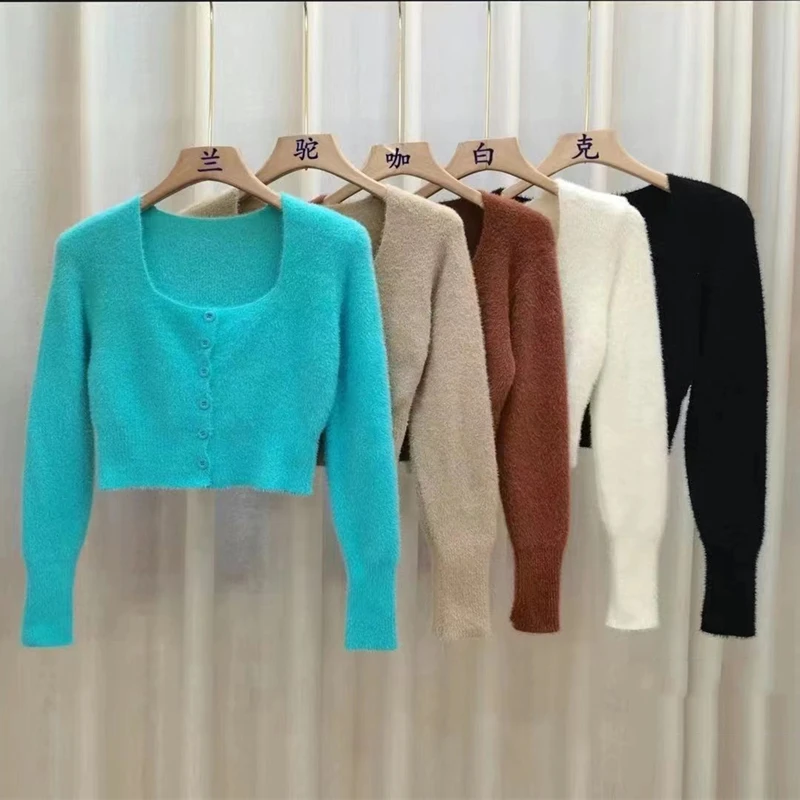 Fuzzy Knit Crop Top Cardigan for Women Teen Girl Long Sleeve Button Up Fitted Sweater Soft Plush Knitwear Fall Winter Y2K Outfit