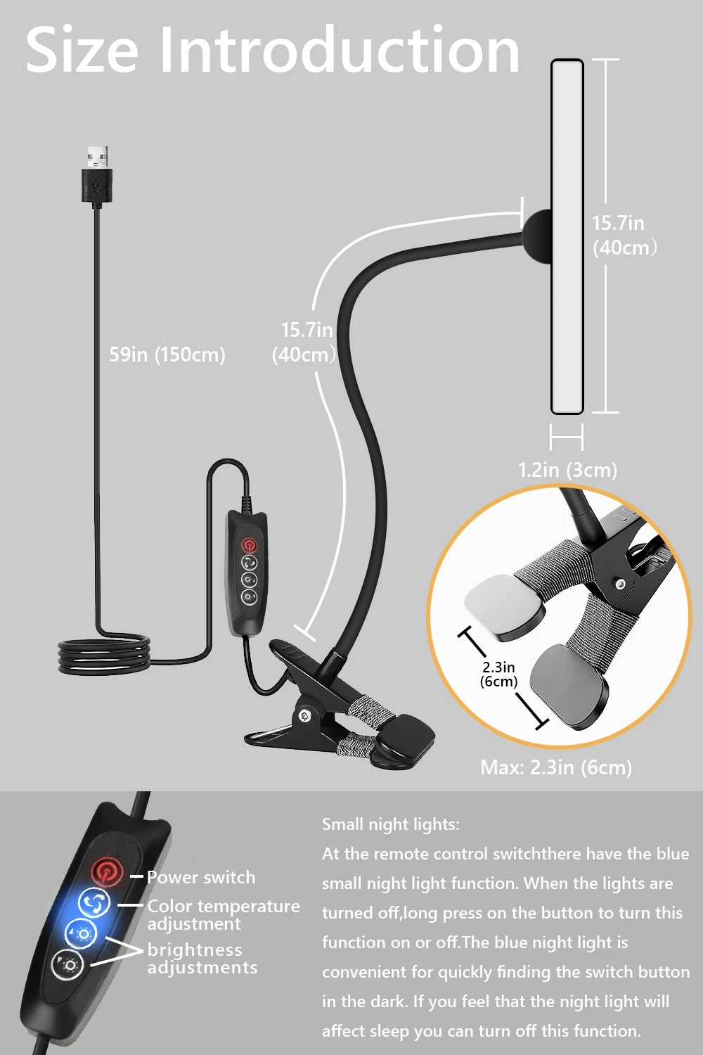 LED Dimmable Desk Lamp, Clamp Light, proteção para os olhos, 3 cores Temperature10 Brilho, 10W, 40cm