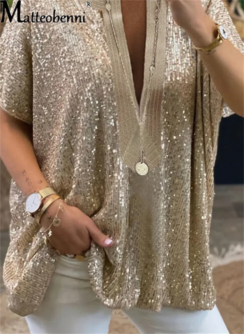 Summer New Fashion Sequin Decoration Blouse Women Short Sleeve V Neck Shirt Commuter Casual Female Versatile Basic Loose Tops 23