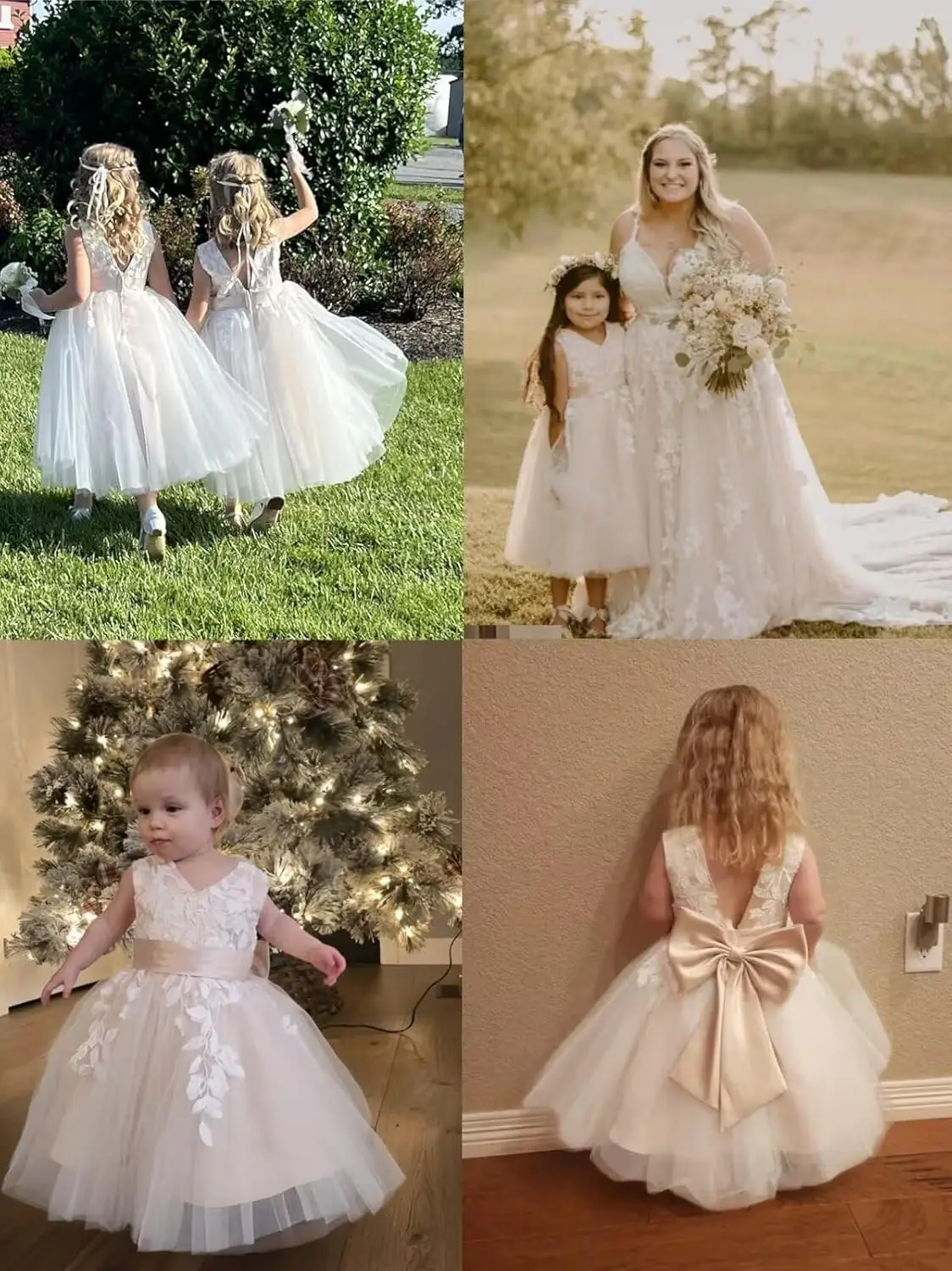

Lace Applique Tulle Flower Girl Dress with Bow-Knot for Wedding Tea Length Princess Kids Birthday Pageant Party Gown