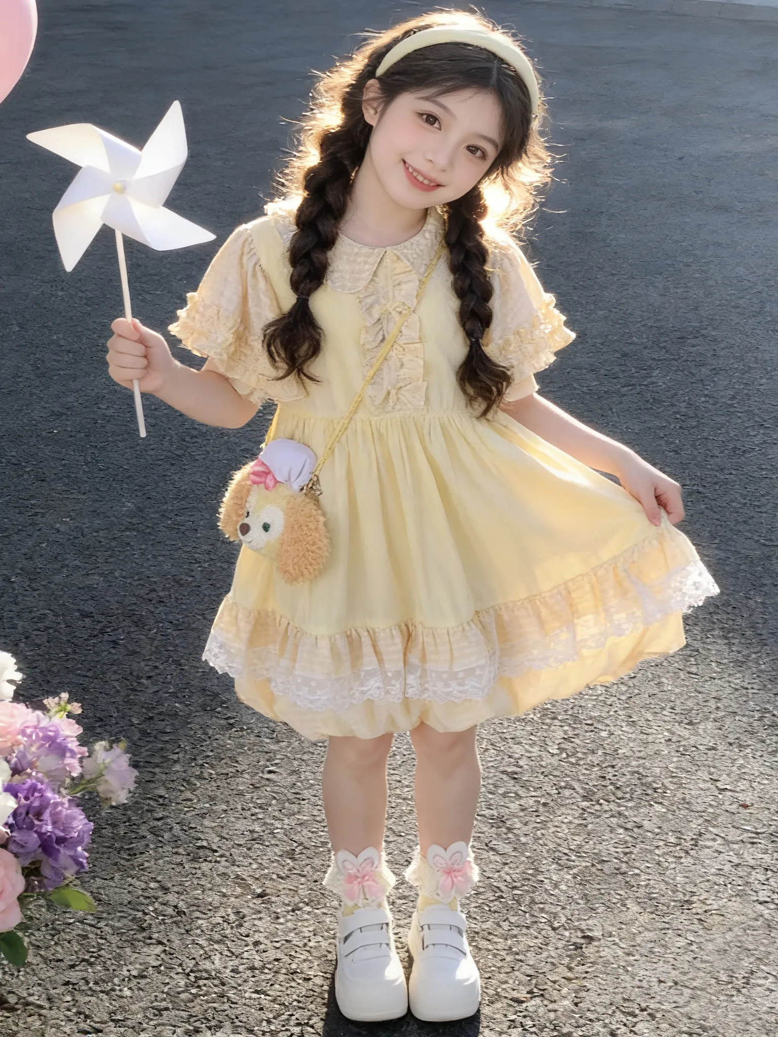 Saia Lolita Estilo Princesa com Gola de Boneca para Meninas, Novo Vestido de Verão Doce e Rodado com Flores, Roupa Infantil F...