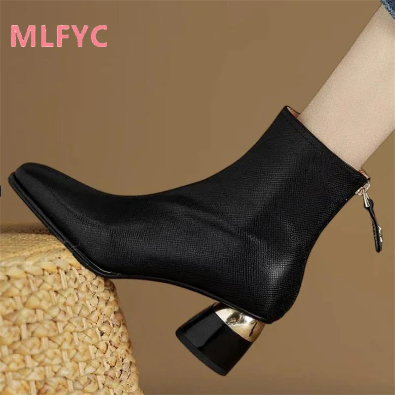 Autumn and Winter New Short Boots Women's Thick Heel Square Headed Mid Sleeve Boots Women's Fashion Soft Leather Fashion Boots