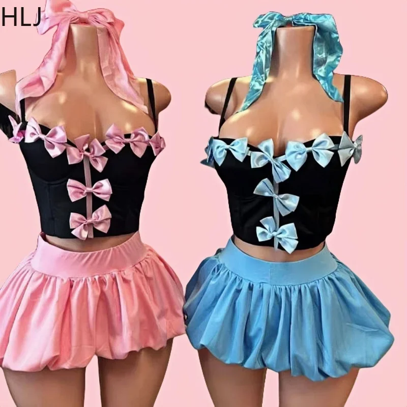 HLJ&GG Sweet Bow Fashion Corset Vest Two Piece Sets Women Thin Strap Slim Tank Top + Puffy Mini Skirts Outfits Female Streetwear