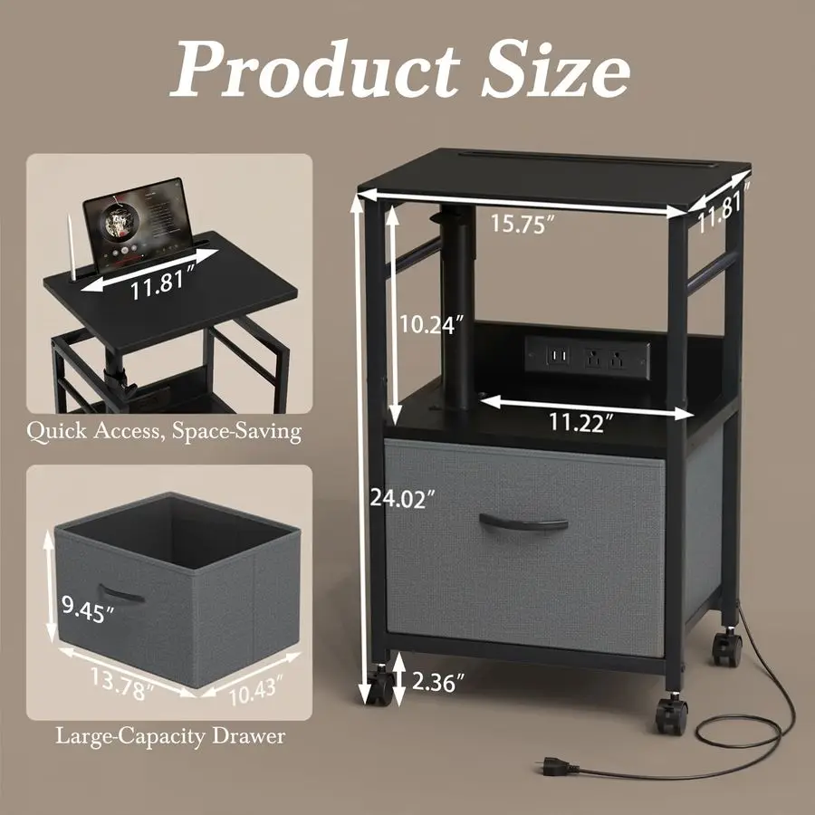 

Swivel Lift Top Nightstand with Charging Station, 2Tier 360 Adjustable Bedside Table, Rolling Night Stand with Wheels, Small En