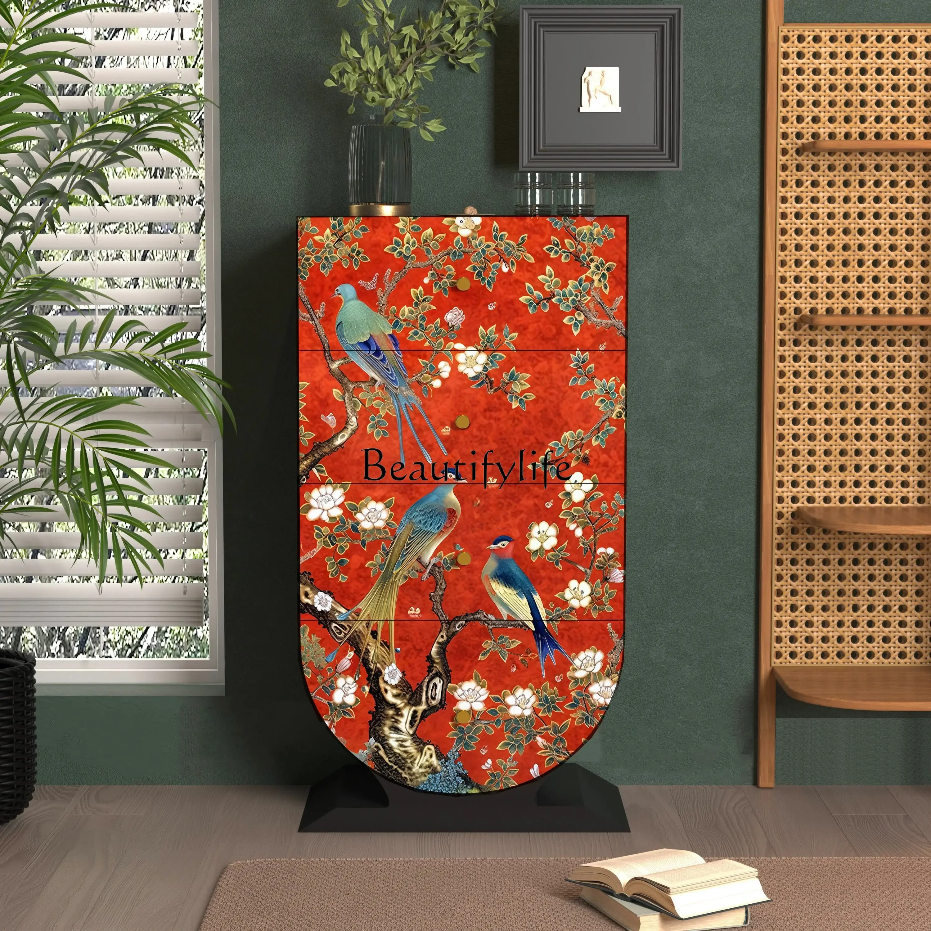 

ls 18Chinese flower and bird painted solid wood four-chest cabinet, living room, homestay wall storage cabinet