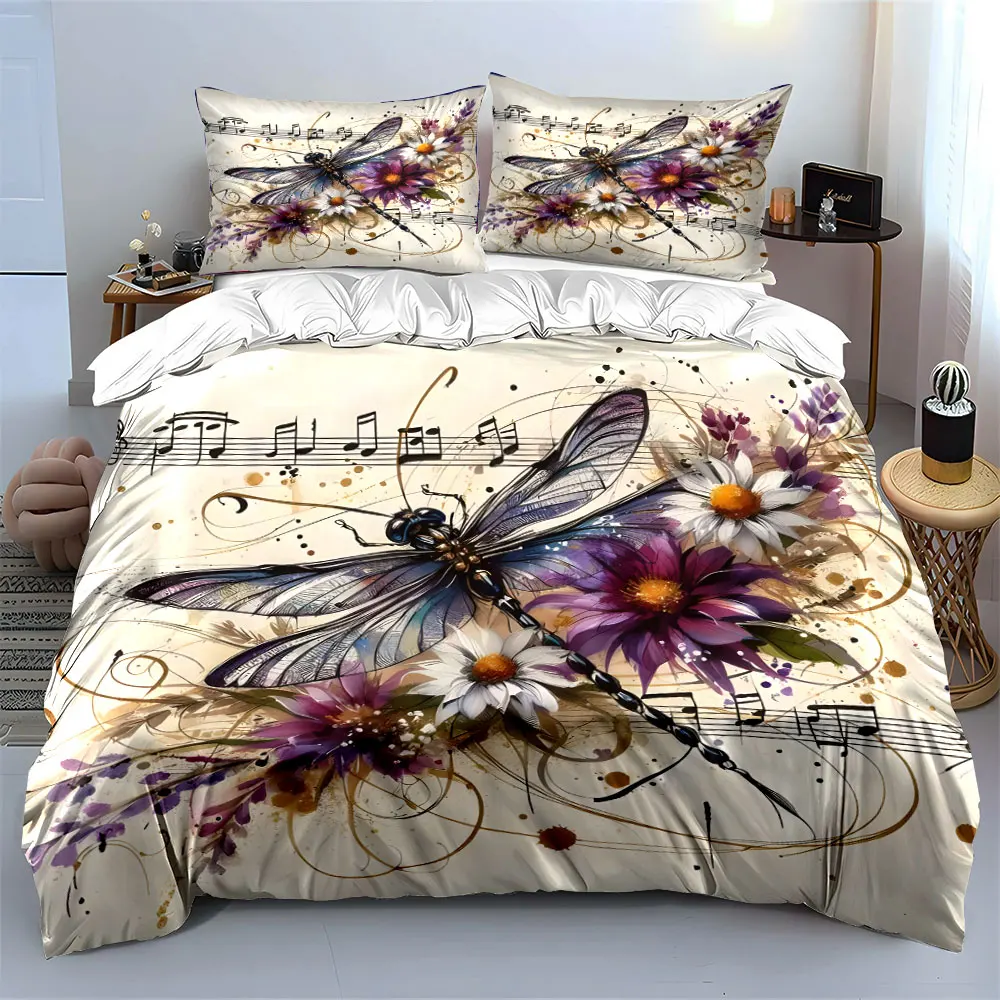 Druck mit Libellen- und Blumenmuster mit Musiknoten, weicher, bequemer Bettbezug, Bettwäsche-Set, inklusive 1 x Bettbezug, 2 x Kissenbezüge