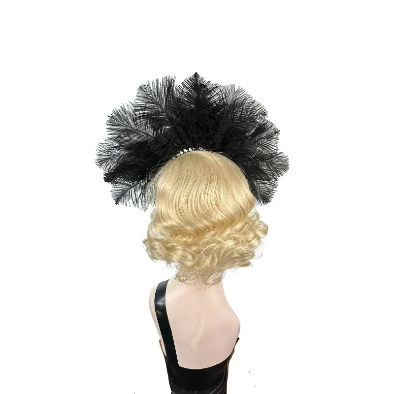 Peacock Eye Feather Headpiece with Ostrich Feathers, Roaring 20s Flapper Headband Gatsby Style Halo Crown Hair Accessory view 4