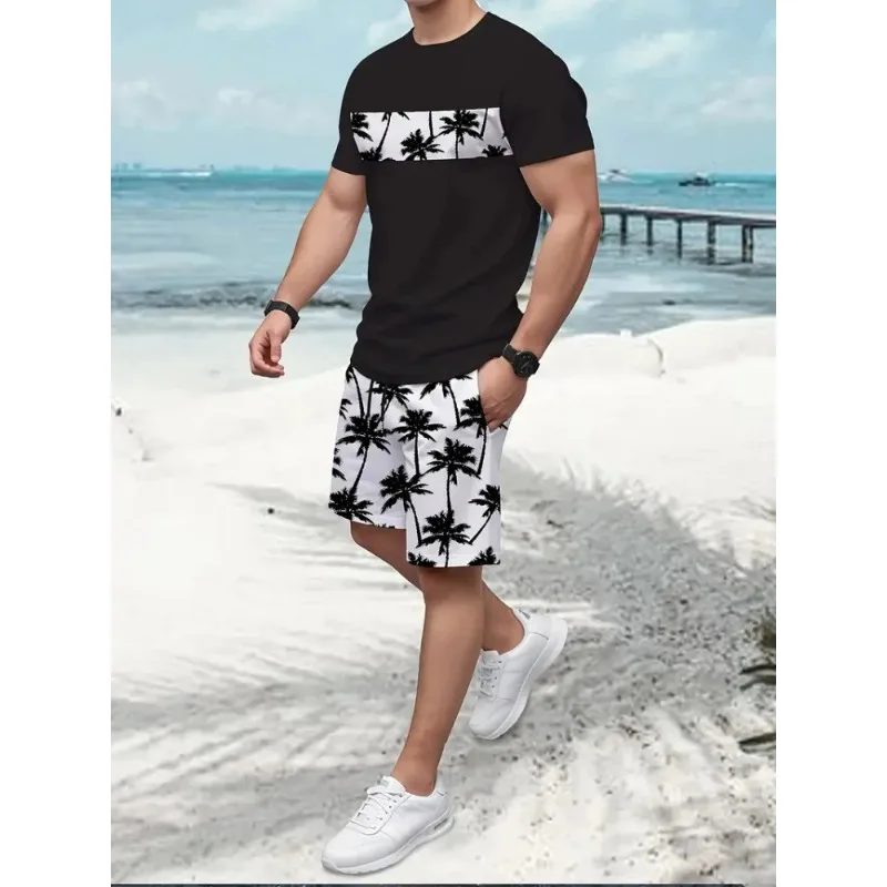 

2025 Holiday Fashion Street Wear Short Sleeved Shorts 2-piece Set Summer Men's Casual Short Sleeved 3D Retro Palm Print Casual