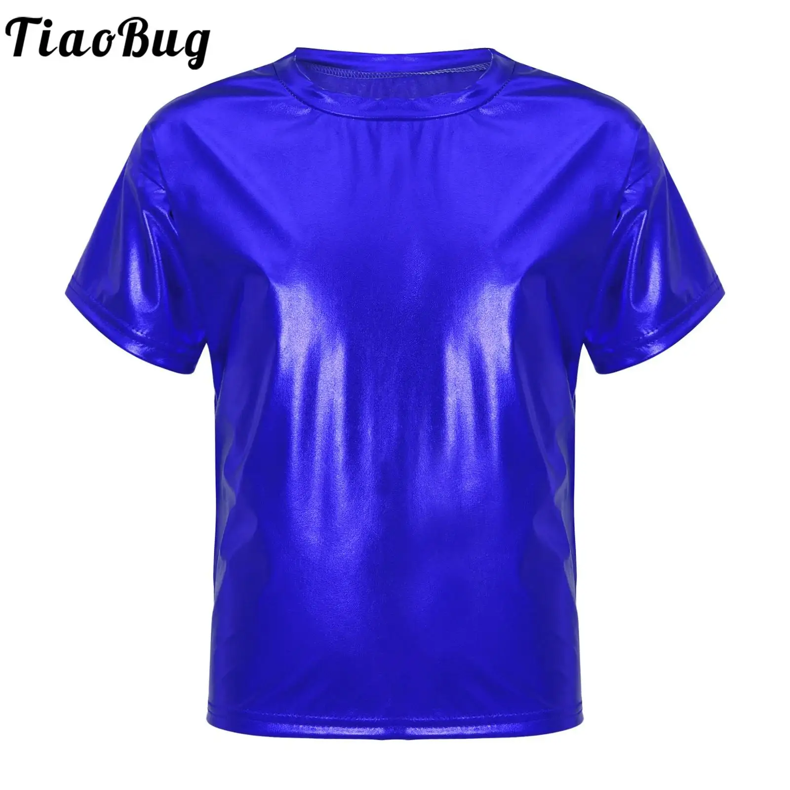 Kids Girls Boys Dance Tops Shiny Metallic Short Sleeve T-Shirt Hip Hop Street Dance Performance Blouse Loose Shirt Dancewear