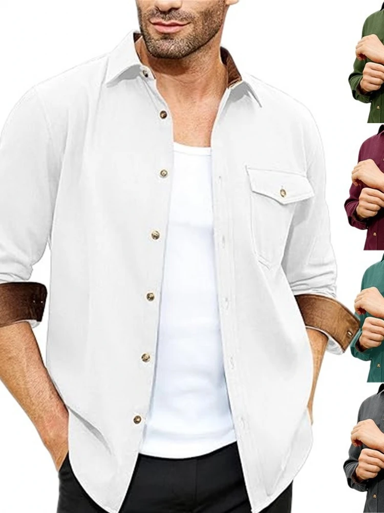 Men's Long Sleeve Shirt Collarless Holiday Wear Autumn Winter New Style Casual Cotton Blend Warmth Comfortable Fit for Youth