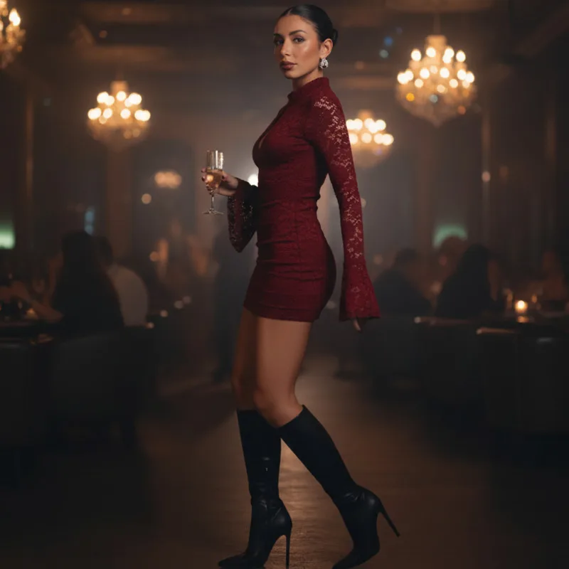 

New Fashion Women's Cheongsam Button Collar Lace Elegant High-end Socialite Style Slim Fit Bodycon Dress