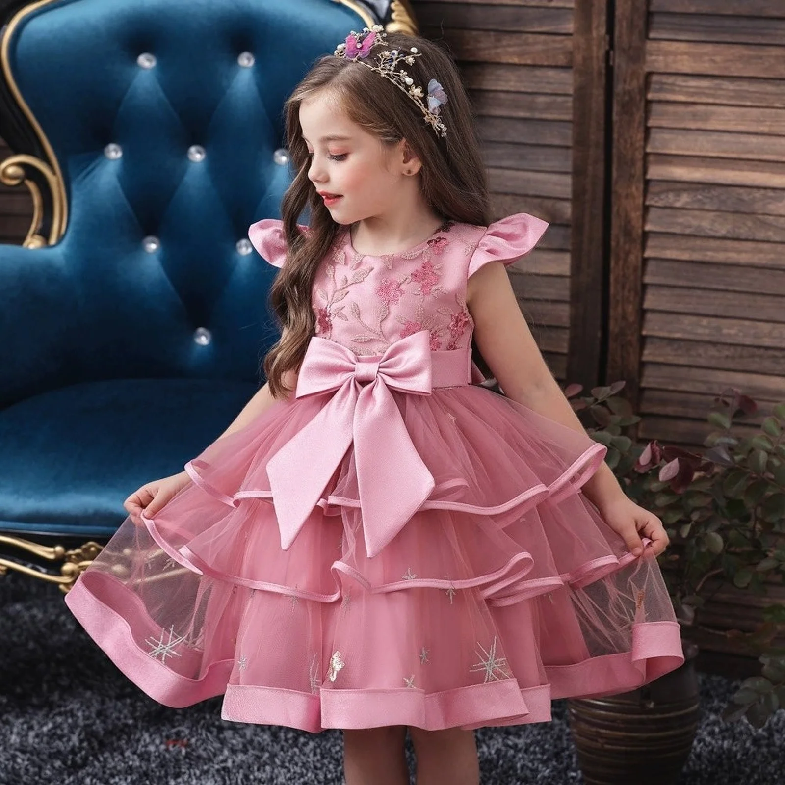 

3-10 Y Sequin Flowers Embroidery Girls Dress Summer Sleeveless Princess Party Dresses Christmas Birthday Gift Kid Casual Clothes