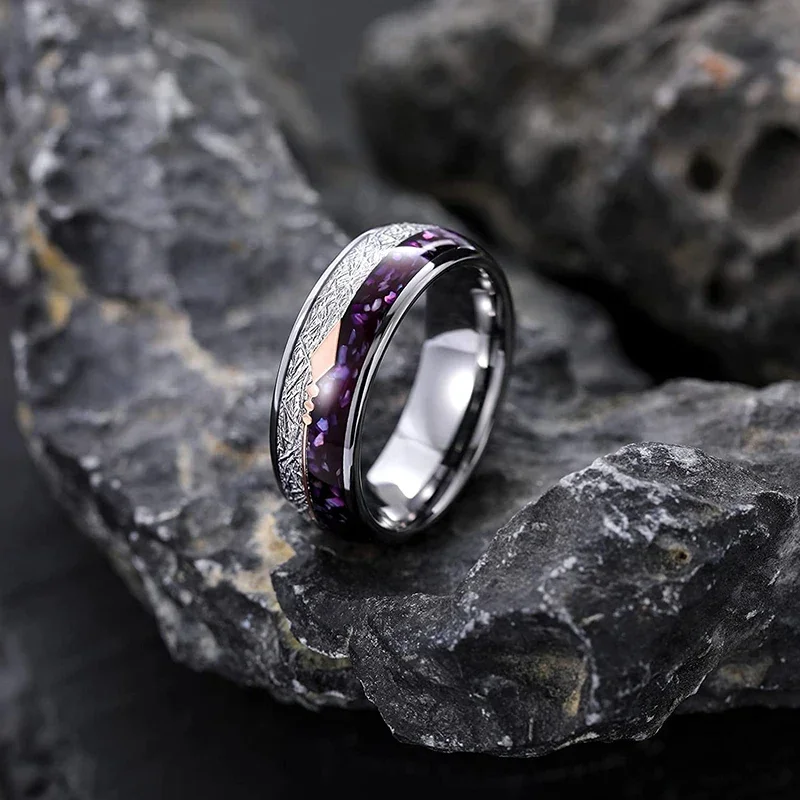 Kolmnste Tungsten Wedding Band Ring for Men Women Rose Gold Arrow Purple Agate & Meteorite Domed Engagement Rings High Polished