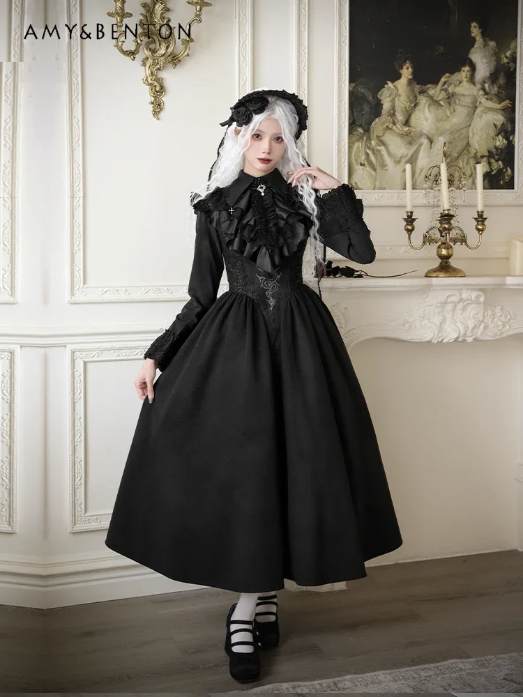 Gothic Cross Retro Embroidered Fishbone Girdle Lolita Tutu Dress Subculture Punk Lace Suspender Long Dress Shirt Two-piece Set