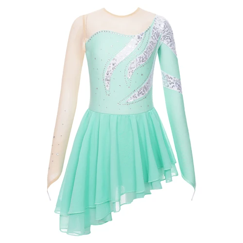 Imagen 2 del producto Vestido de baile lírico de Ballet artístico para niñas, gimnasia, patinaje artístico, manga larga, escote redondo, lentejuelas brillantes, vestido de bailarina