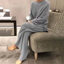 Elegant Solid Color Knitted Casual Suits Women O Neck Long Sleeve Split Hem Sweater Loose Wide Leg Pants Commuter Two Piece Set