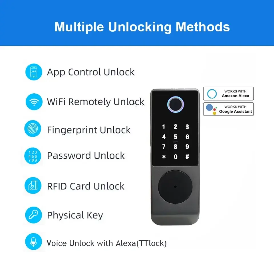Waterproof Wifi App Control Smart Rim Lock Electronic Biometric Fingerprint Gate Rim Electronic Password Protected Lock