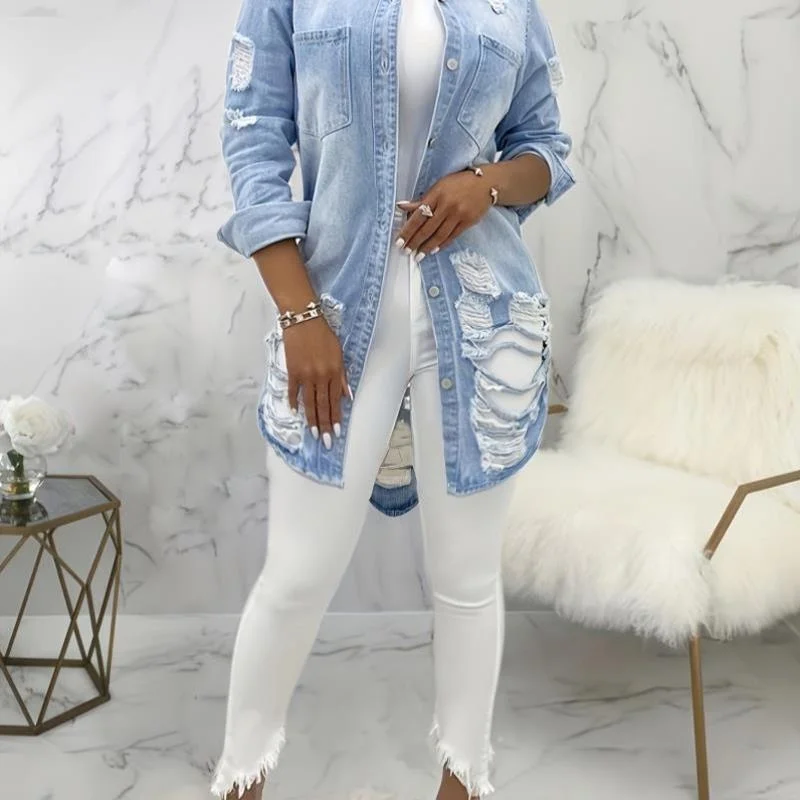 

Retro Sle Women's Long Sve Jaet with Seal Damage Design And 2025 Buttons Denim Outerwear for Spring Autumn Seasons