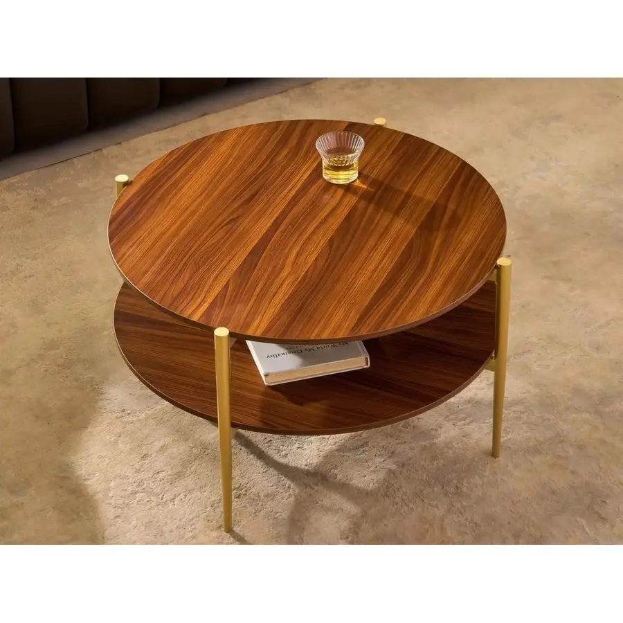 Mesa de centro redonda de vidrio, diseño moderno de mediados de siglo, D30 x H17 pulgadas, mesa redonda de dos niveles con estantes de MDF de nogal, elegante cono