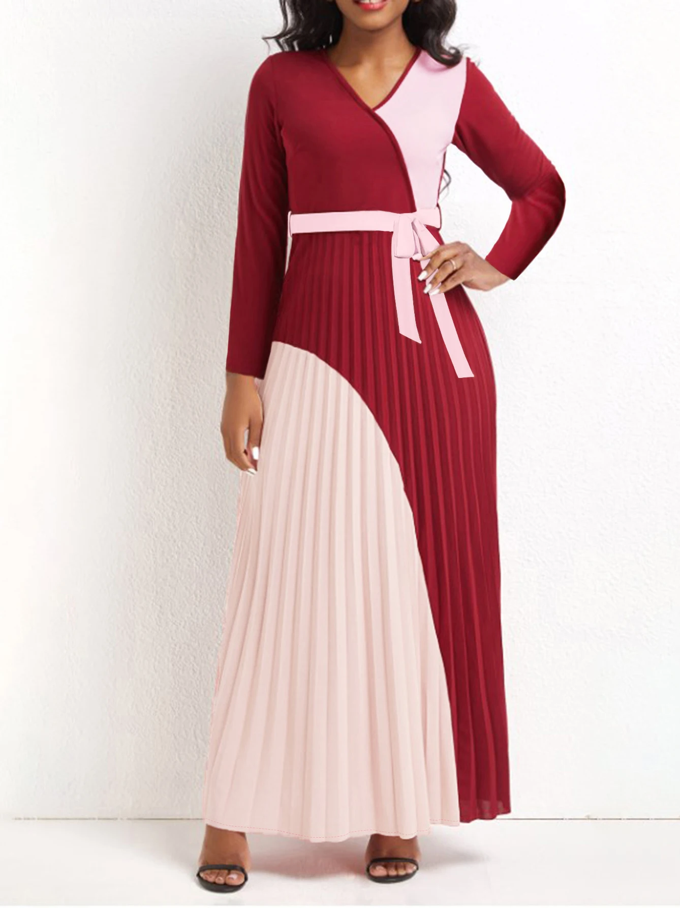 

LW Elegant dress Bandage Design Pleated A Line Dress long sleeve V neck color block maxi dress vestido office lady Fashion dress