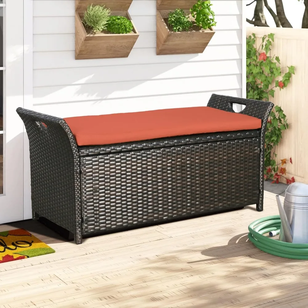 

Ulax furniture Outdoor Storage Bench Rattan Style Deck Box w/Cushion