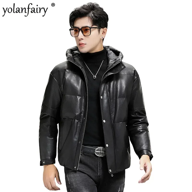 

Goose Down Coat Men's Leather Jacket 2023 Winter New Short Hooded Thick Sheepskin Bread Puffer Jackets for Male Clothing Trend F