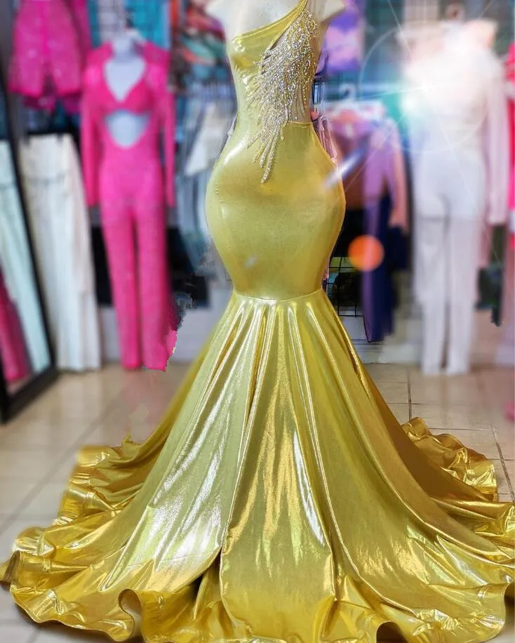 Bright Gold African Trumpet Prom Dresses for Women Luxury Crystal One Shoulder Celebrity Evening Gown vestidos de ceremonia