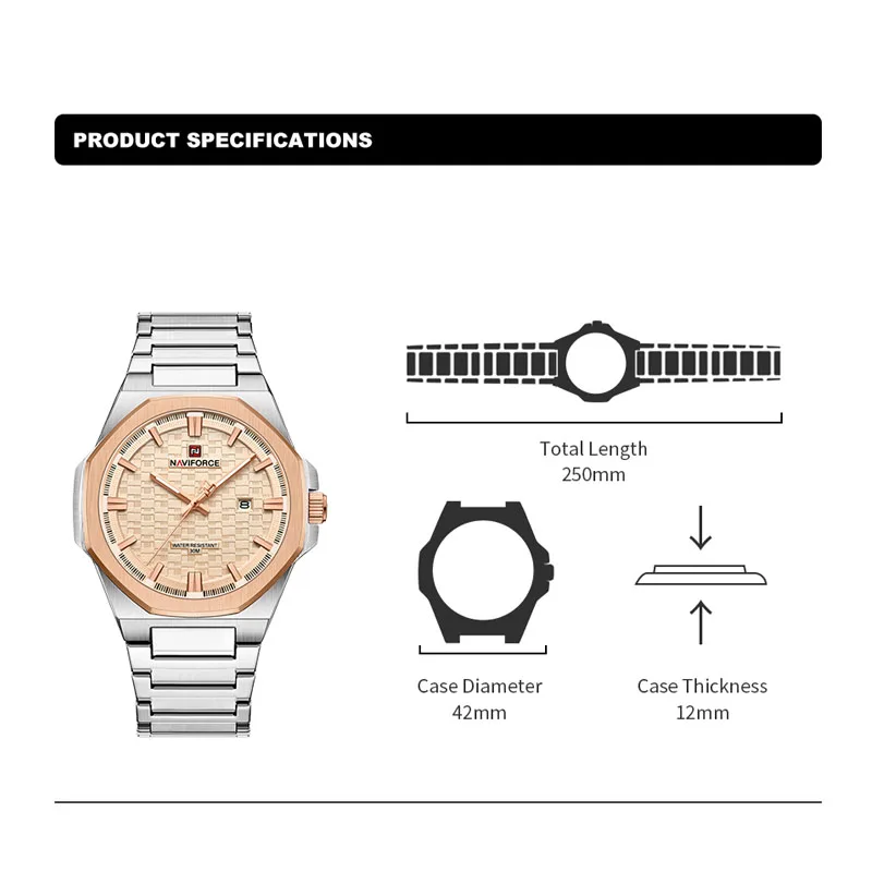 นาฬิกาข้อมือผู้ชาย NAVIFORCE รุ่นใหม่ สไตล์ลำลอง สปอร์ต ควอตซ์ สายสแตนเลส กันน้ำ พร้อมปฏิทิน บรรจุภัณฑ์ของขวัญ