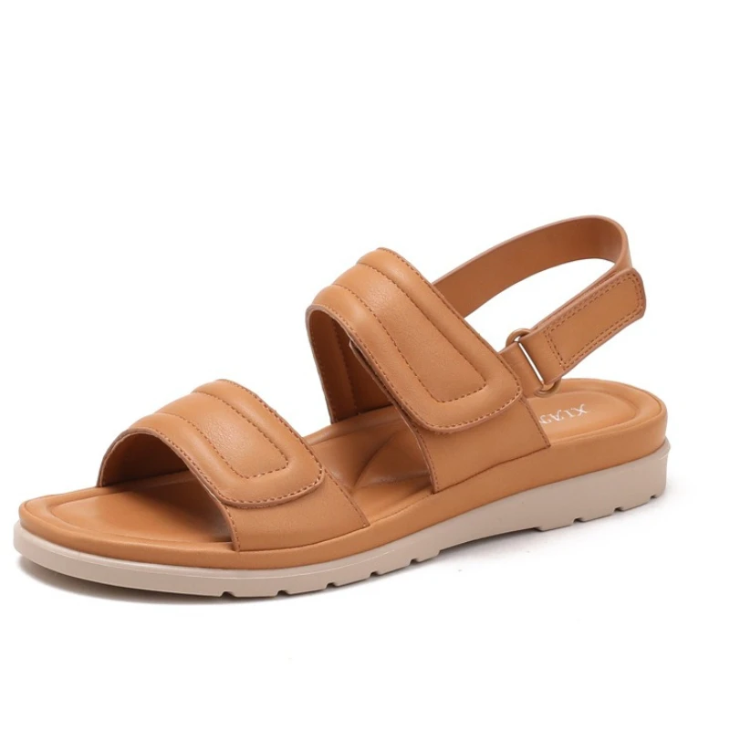 

Женские кожаные сандалии на низком каблуке, большие размеры, в римском стиле, с толстым каблуком, из ткани и ПУ