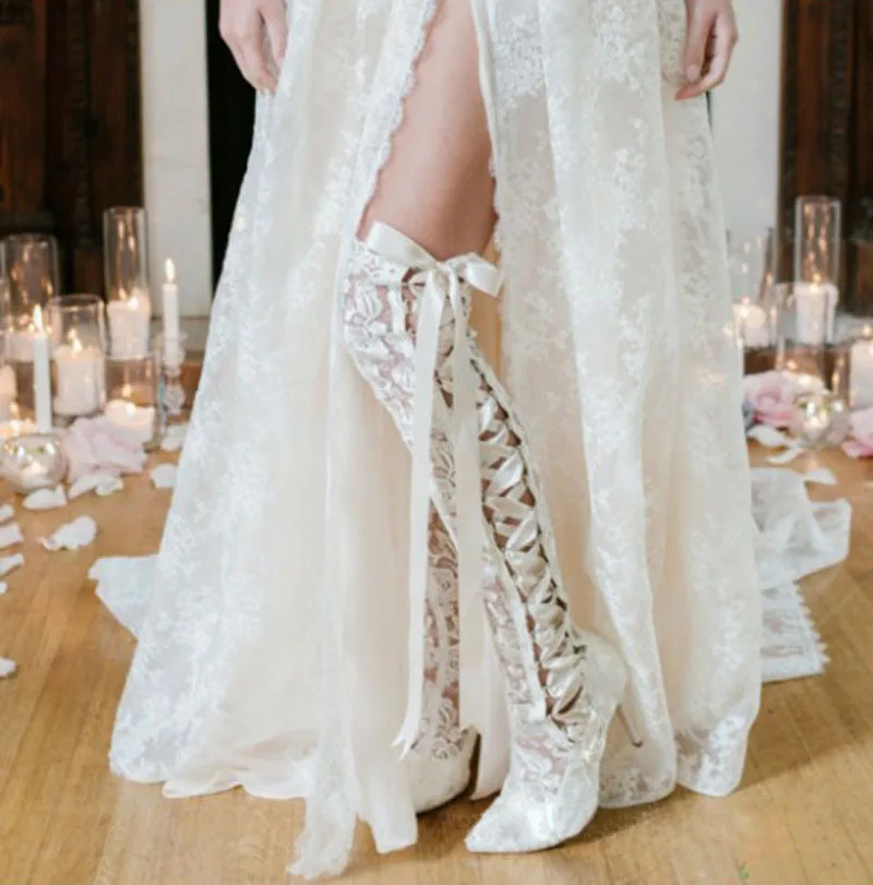 Romantic White Red Floral Lace Ribbons Bowtie Bandage Knee Boots Women High Heel Cross Lace- Up Lace Mesh Wedding Long Botas