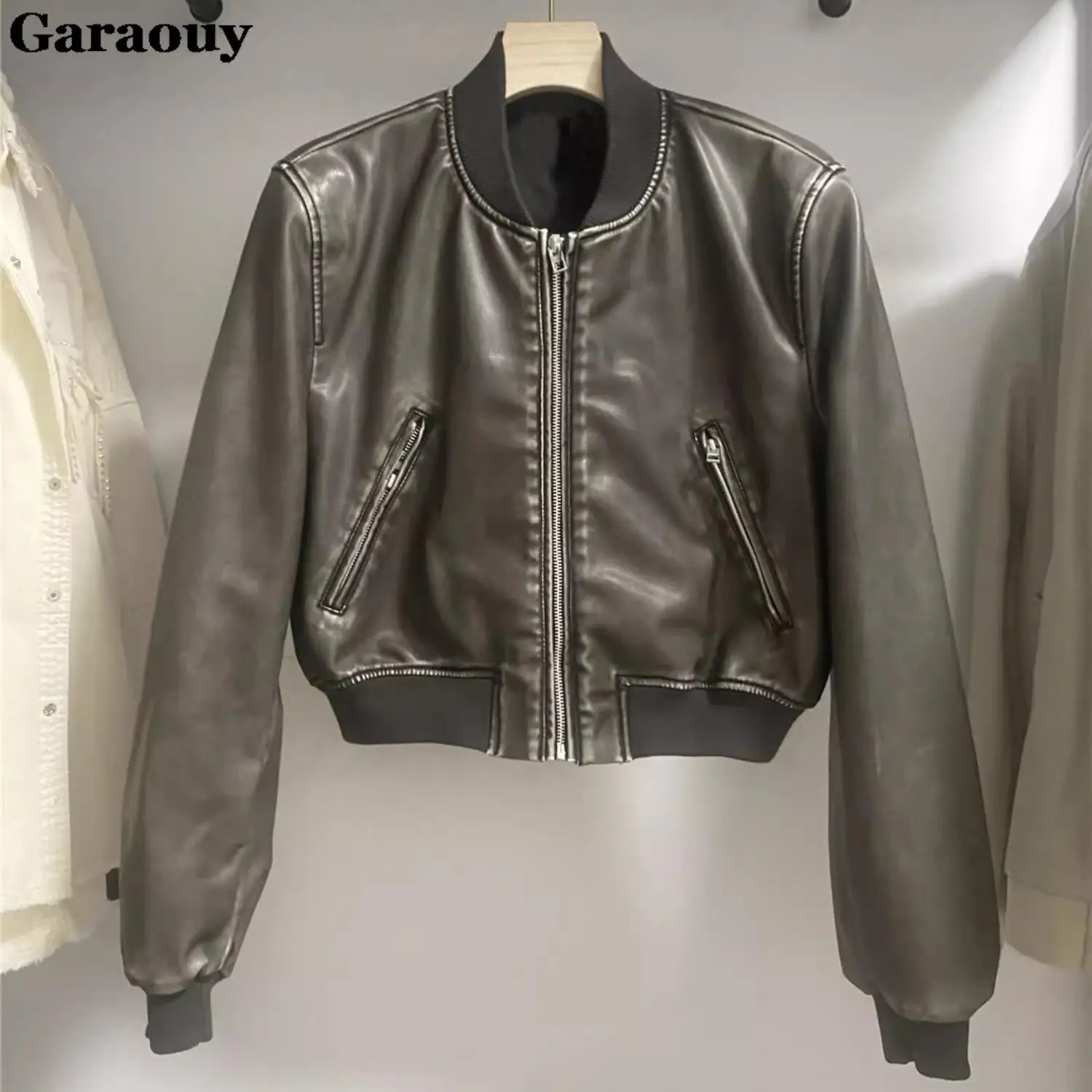 Garaouy 2023 Women Faux Leather Short Motorcycle Jacket Chic Vintage PU Zip Baseball Jackets Coats Y2k Outwear Femme Streetwear