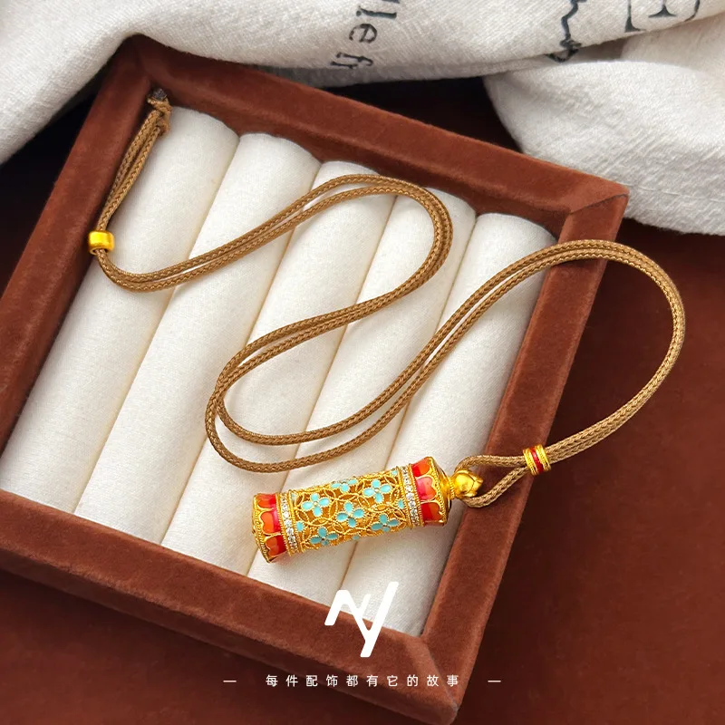 

Gold store 9999 24K real gold enamel color diamond cylinder pendant diy braided rope necklace style pendant for women