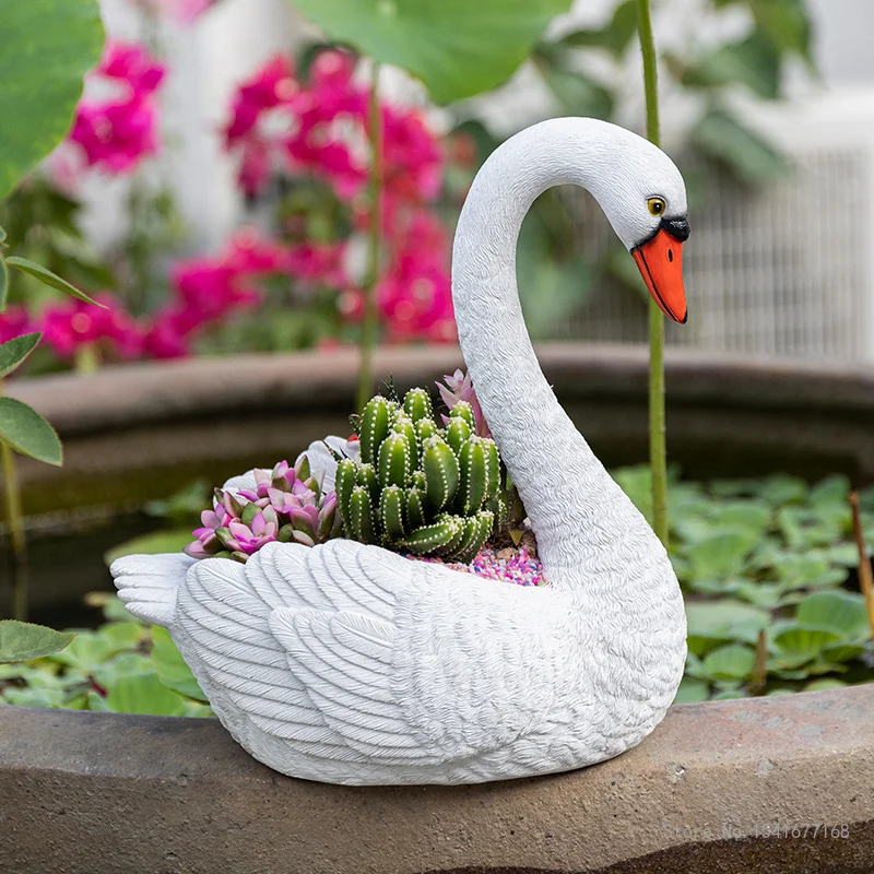 Creative Swan White Flower Pot, Animal Resin Crafts, Courtyard Balcony Garden Layout, Duck Decoration, Outdoor Decoration, 1Pc