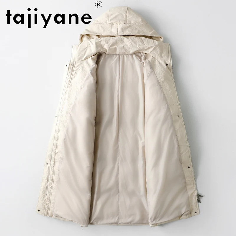TAJIYANE 100% pelle di pecora piumino d'oca bianca donna bianca lunga piumino in vera pelle con cappuccio 2025 abiti invernali ·хоiyahaк