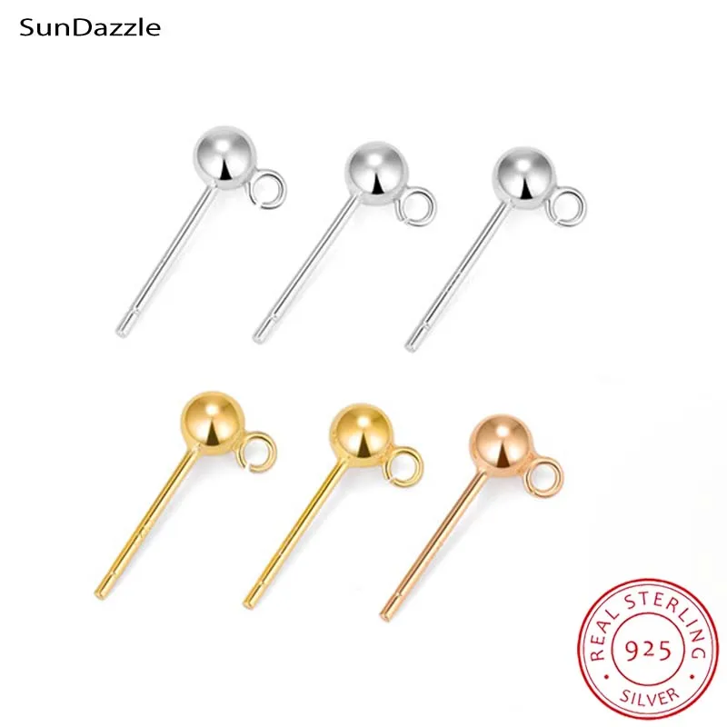 6pcs Real Pure Solid 925 Sterling Silver Round Ball Earring Stud Needle With Ring Connectors DIY Jewelry Making Findings