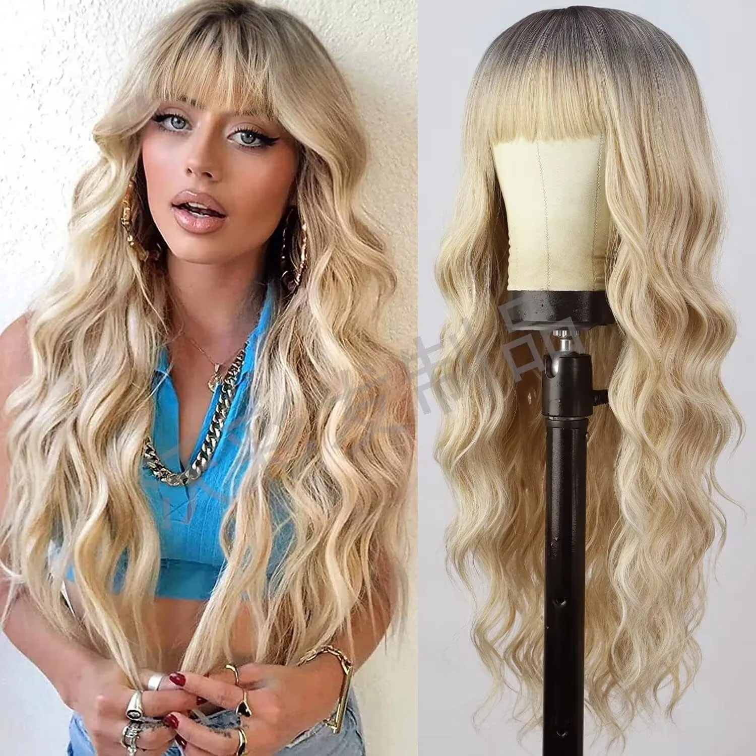 

Long Curly Wigs for Women Synthetic Water Wave Wig with Bangs Natural Mixed Ombre Blonde Wig Daily Party Cosplay Heat Resistant