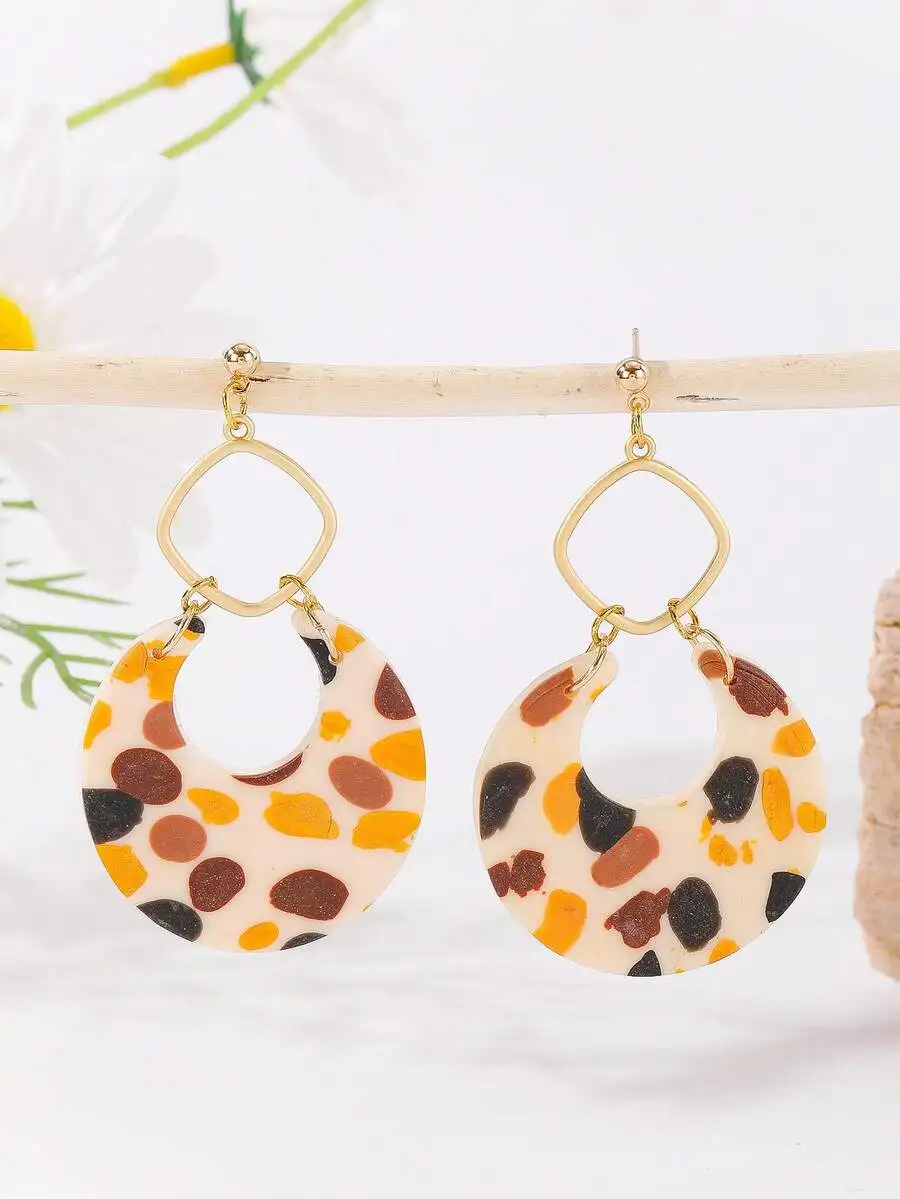 

Polymer Clay Terrazzo Geometric Drop Earrings Bohemian Style Multi-Color Speckled Lightweight Women Accessories