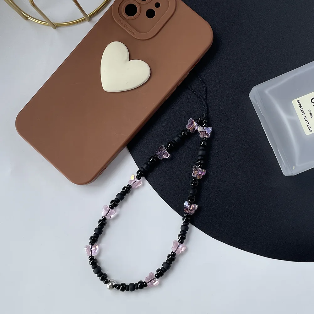 Fashion Crystal Phone Chain Mysterious And Noble Black Powder Butterfly Contrasting Beads Phone Hanging Rope Anti Loss Wristband