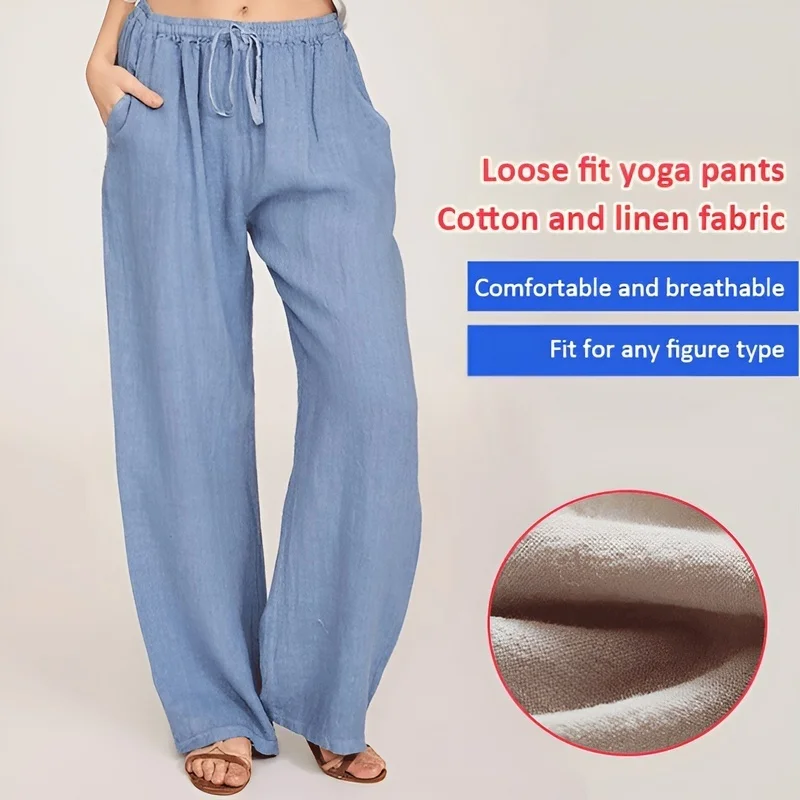 Casual Cotton and Linen Loose Yoga Fashionable and Versatile Solid Color Drawstring Wide for