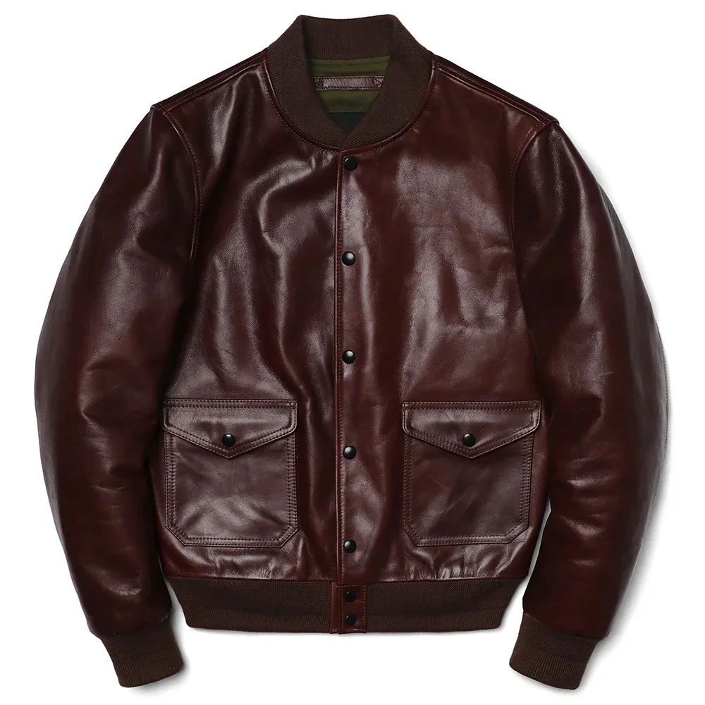 Wine Red Classic A1 Flight Jacket Man Genuine Leather Men's Oil Wax Natural Cowhide Amekaki Retro Clothes