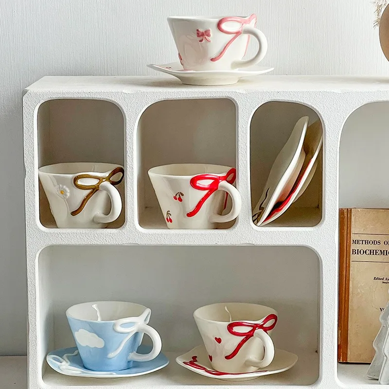 مجموعة أكواب قهوة من السيراميك بفيونكة ثلاثية الأبعاد بلون تحت التزجيج، كوب لاتيه بسعة كبيرة، كوب ماء تذكاري على شكل قلب