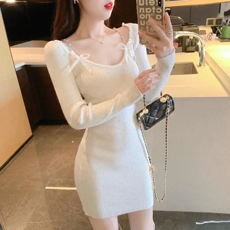 عادي حفلة مثير جريئة حفلة موسيقية امرأة محبوك فستان فراشة القوس متعرج كم طويل ملابس كاملة مصمم فساتين الكروشيه للنساء